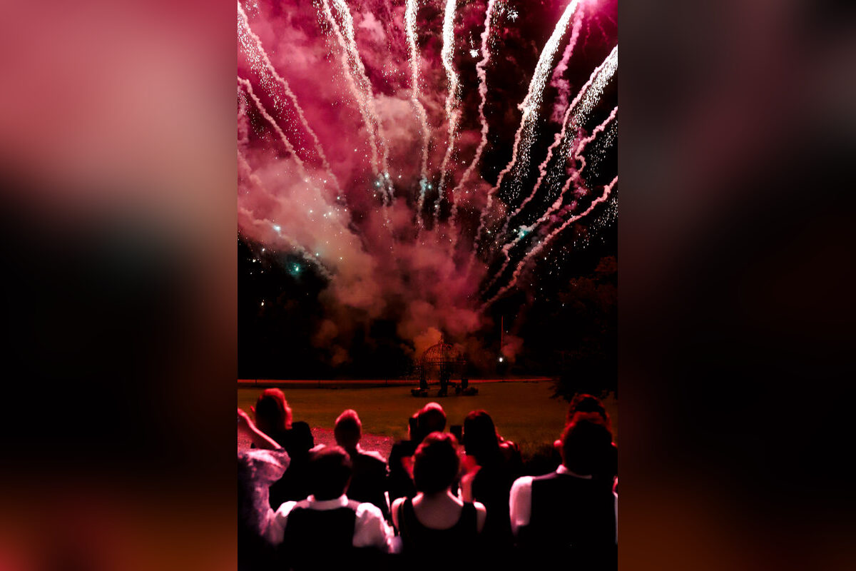 Wedding crowd watching a magnificent fireworks show